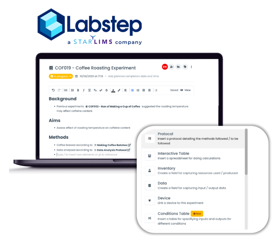 STARLIMS Labstep 電子ラボノートブックのユーザーインターフェース