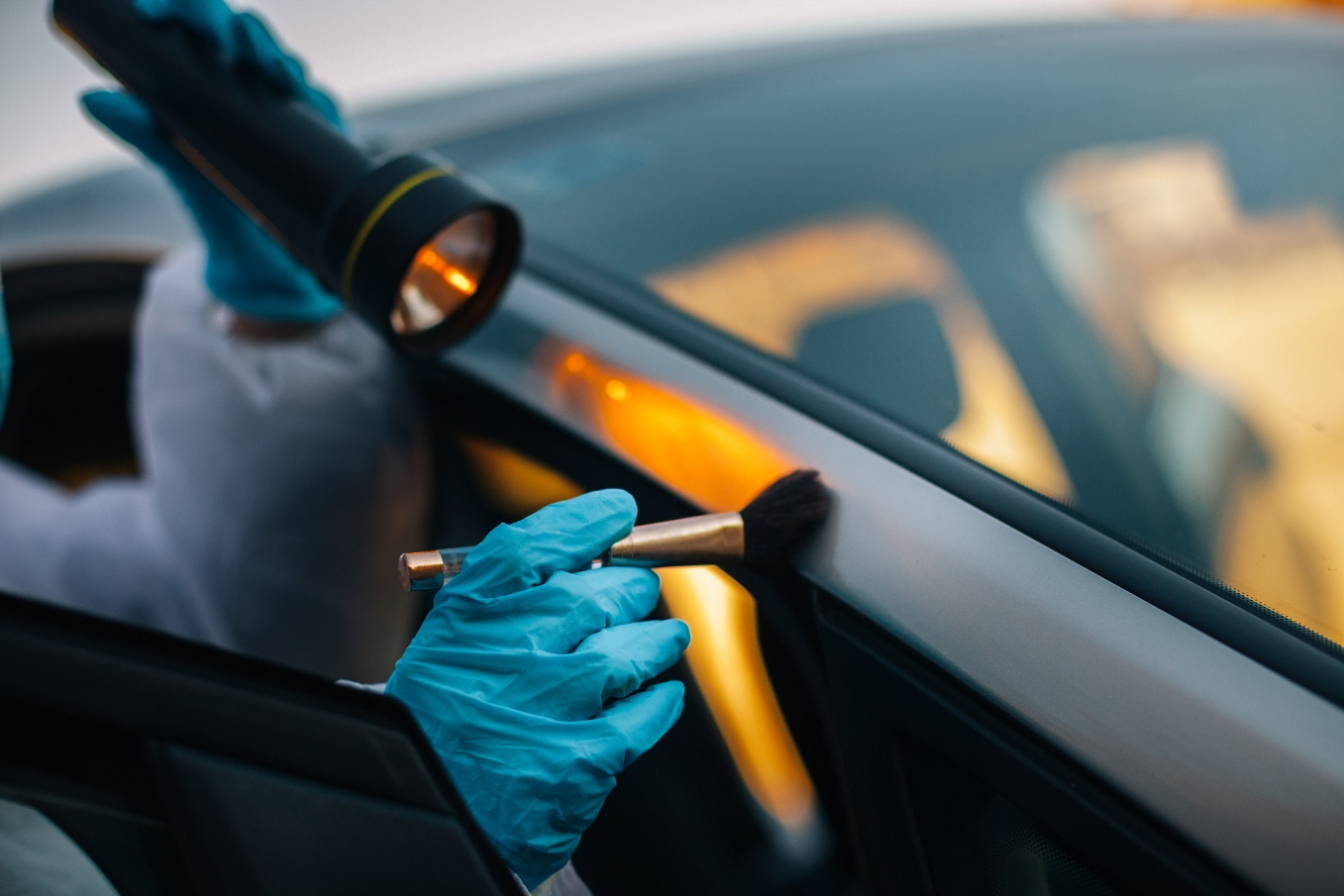 Crime scene, forensic science, protective glove, evidence.