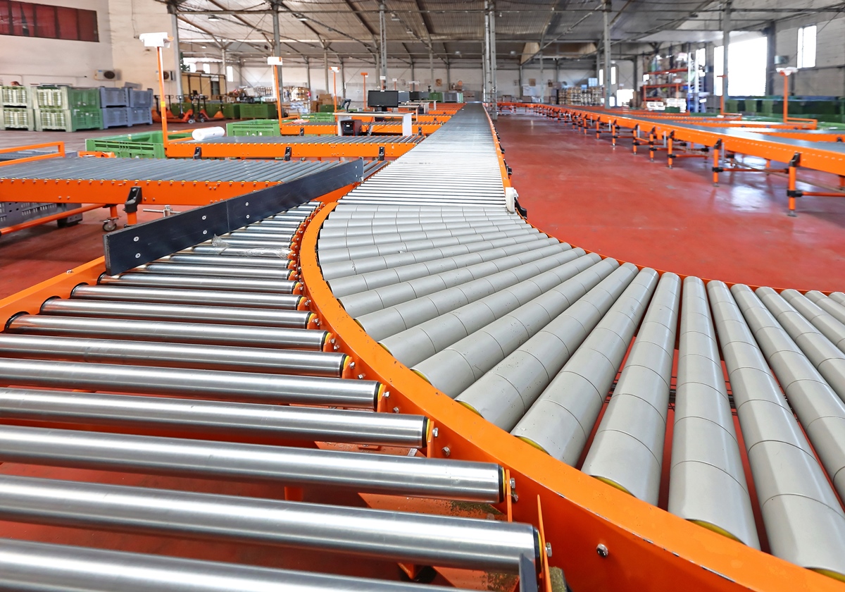 Conveyor roller sorting system in distribution warehouse