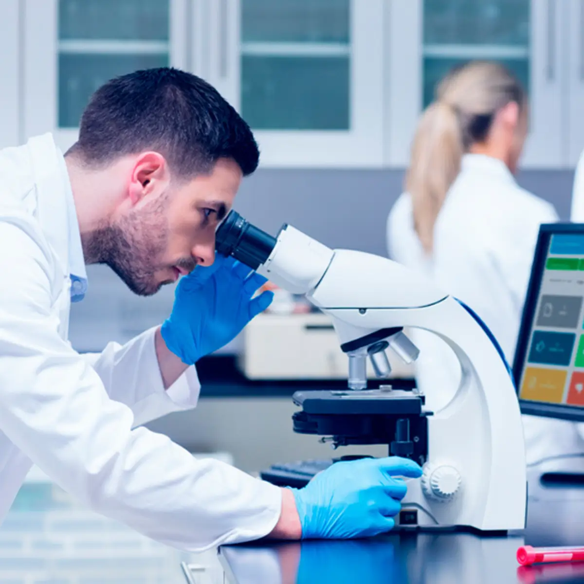 The laboratory technician looking through the microscope
